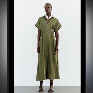 Zara olive green linen blend button front shirt midi dress small EUC
